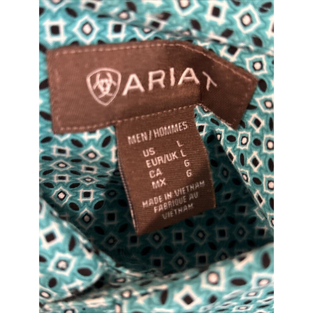 Ariat Mens Large Long Sleeve Button Down Shirt Teal Blue Geometric Print Fitted - Picture 11 of 11